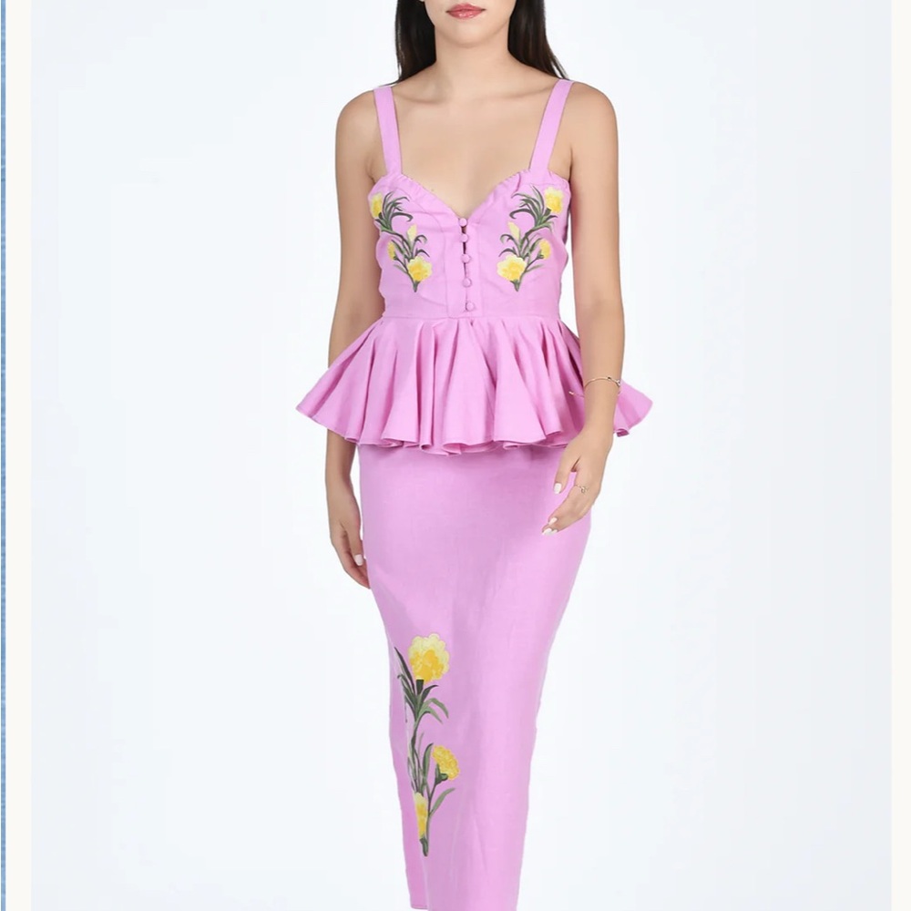 Fanm Mon pink dress with Yellow Floral Embroidery